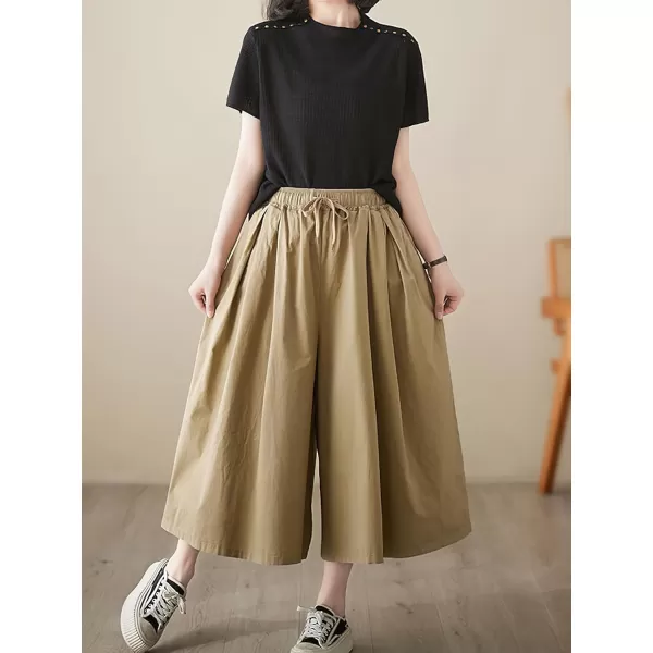chouyatou Womens Summer Casual Cotton Culottes Pants Drawstring Wide Leg Capri Palazzo PantsKhaki