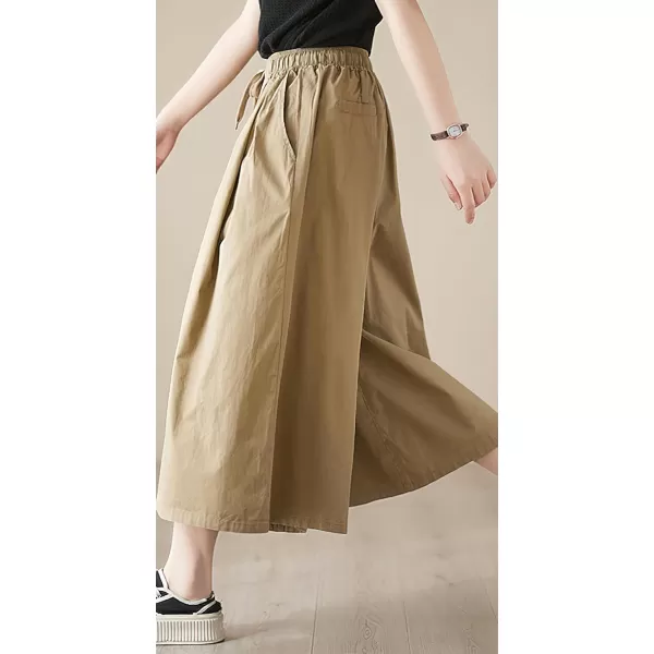 chouyatou Womens Summer Casual Cotton Culottes Pants Drawstring Wide Leg Capri Palazzo PantsKhaki
