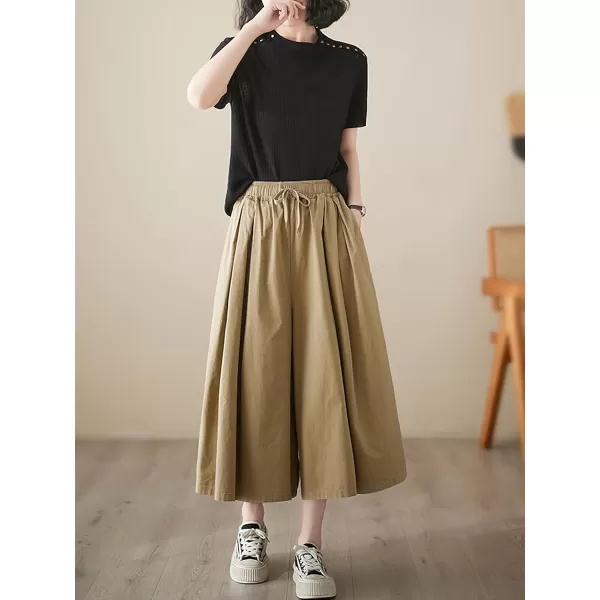 chouyatou Womens Summer Casual Cotton Culottes Pants Drawstring Wide Leg Capri Palazzo PantsKhaki