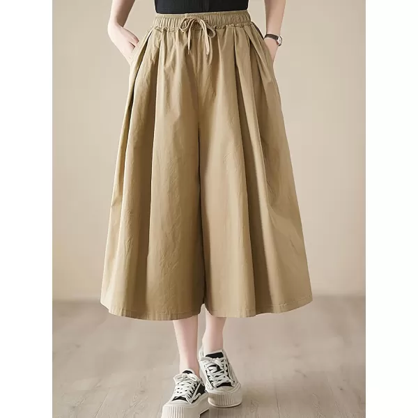 chouyatou Womens Summer Casual Cotton Culottes Pants Drawstring Wide Leg Capri Palazzo PantsKhaki