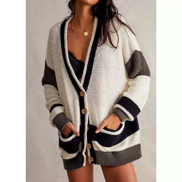 chouyatou Womens Y2K Color Block Button Down Cardigans Loose Casual VNeck Ribbed Knit Cardigan SweaterApricot