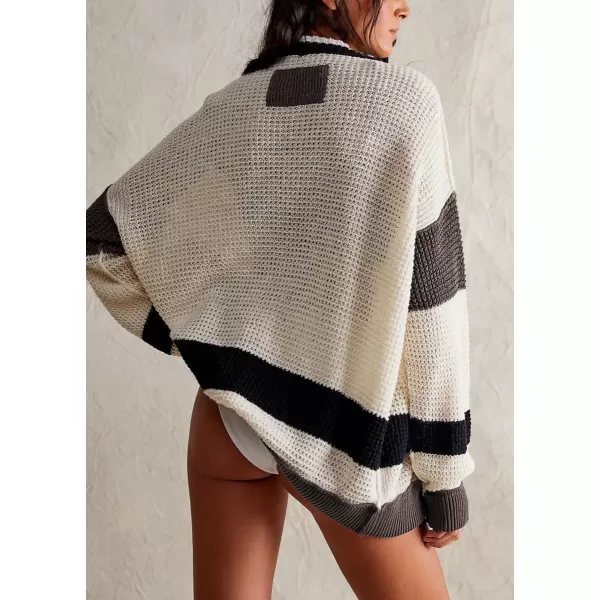 chouyatou Womens Y2K Color Block Button Down Cardigans Loose Casual VNeck Ribbed Knit Cardigan SweaterApricot