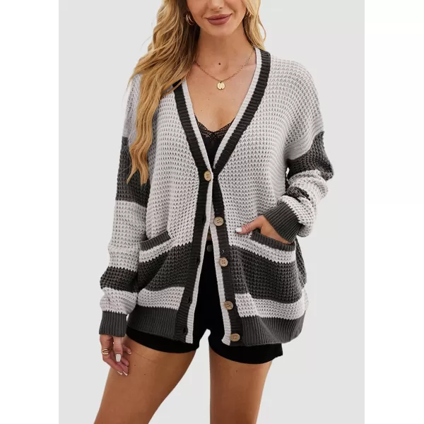 chouyatou Womens Y2K Color Block Button Down Cardigans Loose Casual VNeck Ribbed Knit Cardigan SweaterGrey