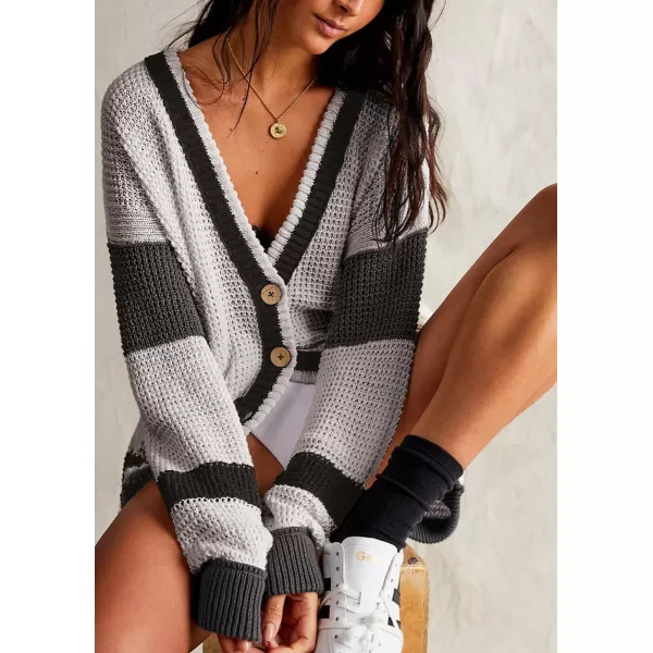 chouyatou Womens Y2K Color Block Button Down Cardigans Loose Casual VNeck Ribbed Knit Cardigan SweaterGrey