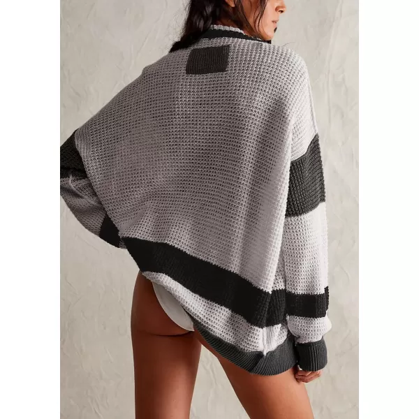 chouyatou Womens Y2K Color Block Button Down Cardigans Loose Casual VNeck Ribbed Knit Cardigan SweaterGrey