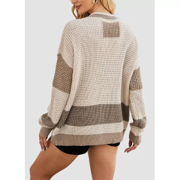 chouyatou Womens Y2K Color Block Button Down Cardigans Loose Casual VNeck Ribbed Knit Cardigan SweaterKhaki