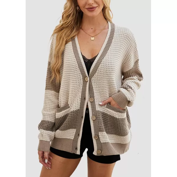 chouyatou Womens Y2K Color Block Button Down Cardigans Loose Casual VNeck Ribbed Knit Cardigan SweaterKhaki
