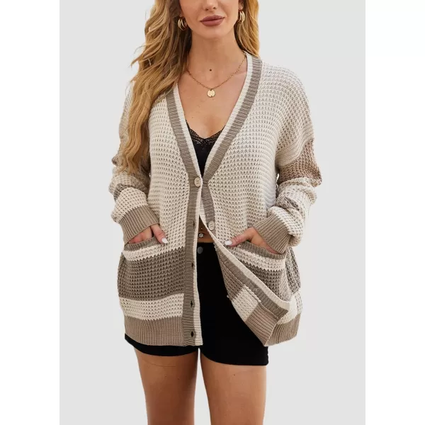 chouyatou Womens Y2K Color Block Button Down Cardigans Loose Casual VNeck Ribbed Knit Cardigan SweaterKhaki