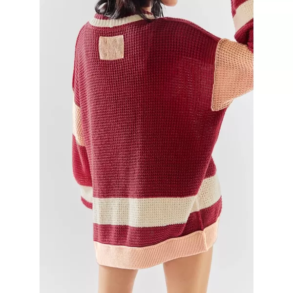 chouyatou Womens Y2K Color Block Button Down Cardigans Loose Casual VNeck Ribbed Knit Cardigan SweaterRed