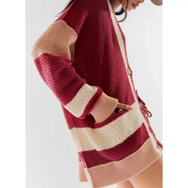 chouyatou Womens Y2K Color Block Button Down Cardigans Loose Casual VNeck Ribbed Knit Cardigan SweaterRed