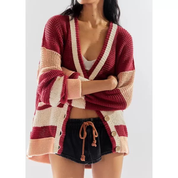 chouyatou Womens Y2K Color Block Button Down Cardigans Loose Casual VNeck Ribbed Knit Cardigan SweaterRed