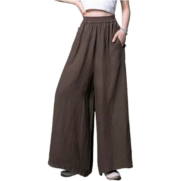 chouyatou Womens Baggy Elastic Waist Chinese Frog Button Wide Leg Linen PantsBrown