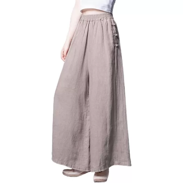 chouyatou Womens Baggy Elastic Waist Chinese Frog Button Wide Leg Linen PantsKhaki