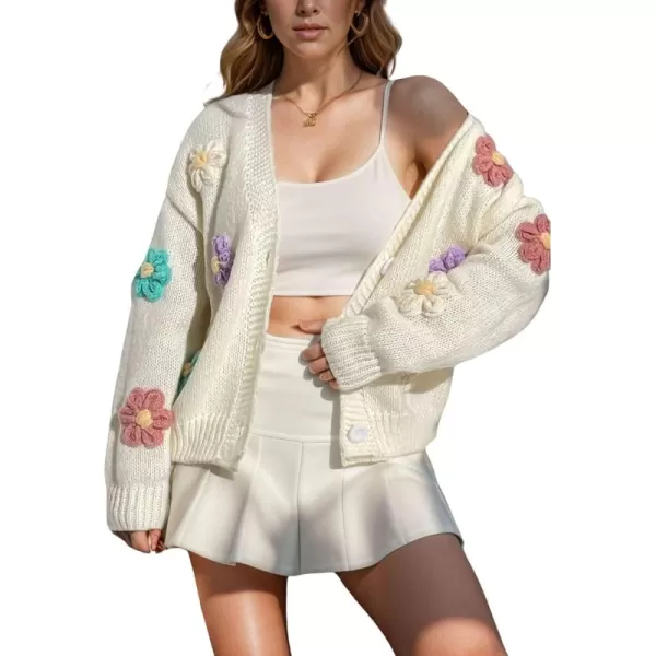 chouyatou Womens Color Block Button Down Cardigans Y2K Floral Applique Knit Cardigan SweatersBeige White