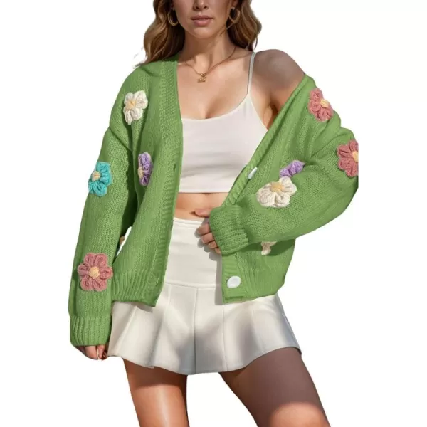 chouyatou Womens Color Block Button Down Cardigans Y2K Floral Applique Knit Cardigan SweatersGreen