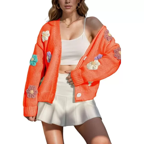 chouyatou Womens Color Block Button Down Cardigans Y2K Floral Applique Knit Cardigan SweatersOrange