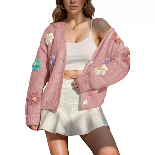 chouyatou Womens Color Block Button Down Cardigans Y2K Floral Applique Knit Cardigan SweatersPink