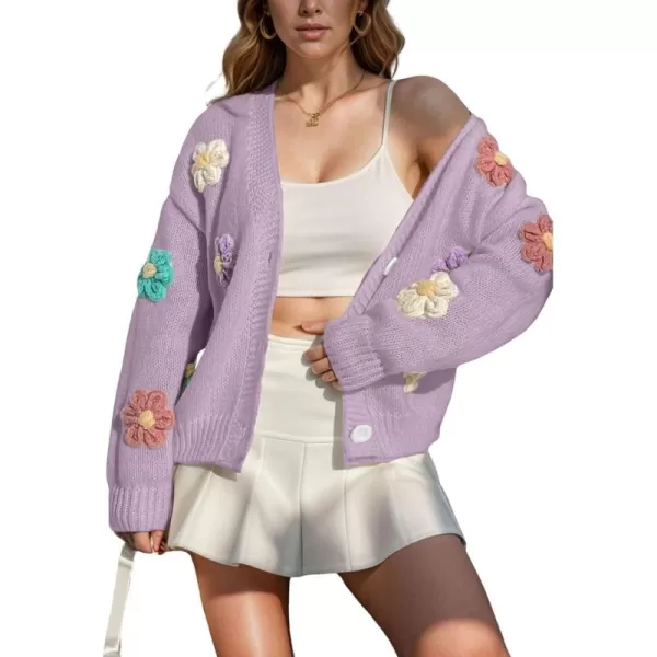 chouyatou Womens Color Block Button Down Cardigans Y2K Floral Applique Knit Cardigan SweatersPurple