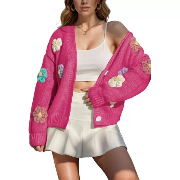 chouyatou Womens Color Block Button Down Cardigans Y2K Floral Applique Knit Cardigan SweatersRose Red