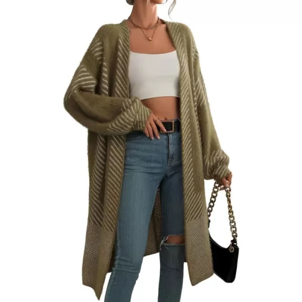 chouyatou Womens Color Block Striped Fuzzy Long Cardigan Sweaters Open Front Diagonal Stripe Knit Cardigan Jacket CoatArmy Green