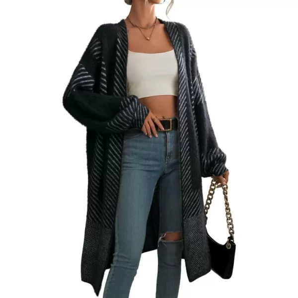 chouyatou Womens Color Block Striped Fuzzy Long Cardigan Sweaters Open Front Diagonal Stripe Knit Cardigan Jacket CoatBlack
