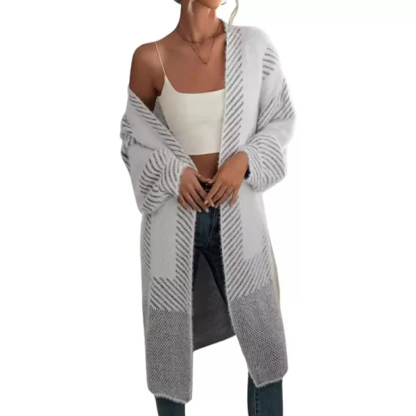 chouyatou Womens Color Block Striped Fuzzy Long Cardigan Sweaters Open Front Diagonal Stripe Knit Cardigan Jacket CoatGray