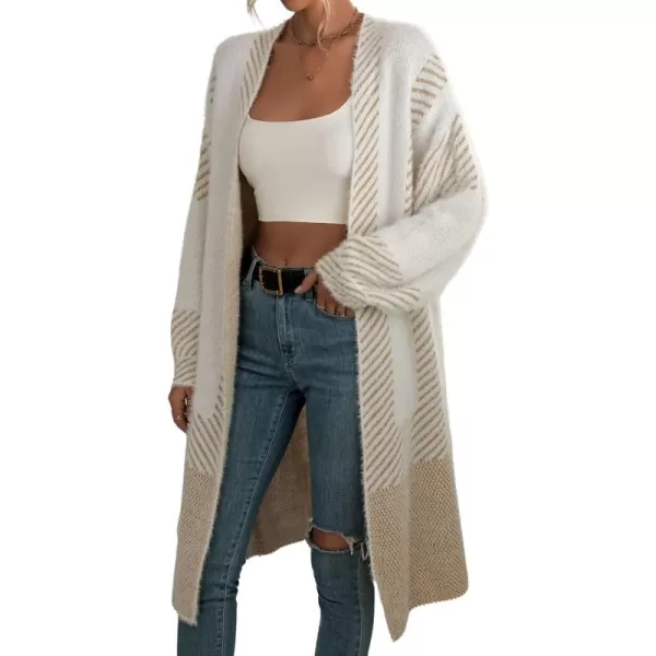 chouyatou Womens Color Block Striped Fuzzy Long Cardigan Sweaters Open Front Diagonal Stripe Knit Cardigan Jacket CoatKhaki