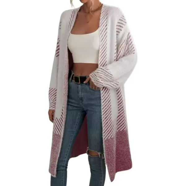 chouyatou Womens Color Block Striped Fuzzy Long Cardigan Sweaters Open Front Diagonal Stripe Knit Cardigan Jacket CoatWine Red