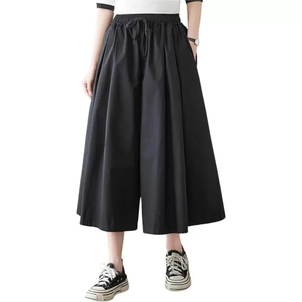 chouyatou Womens Summer Casual Cotton Culottes Pants Drawstring Wide Leg Capri Palazzo PantsBlack