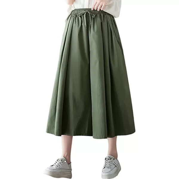 chouyatou Womens Summer Casual Cotton Culottes Pants Drawstring Wide Leg Capri Palazzo PantsGreen