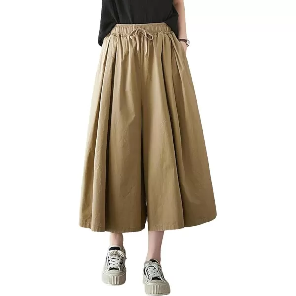 chouyatou Womens Summer Casual Cotton Culottes Pants Drawstring Wide Leg Capri Palazzo PantsKhaki