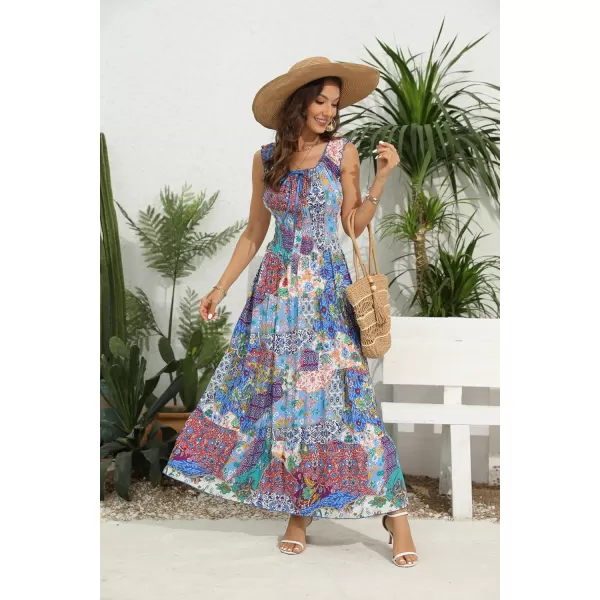 imageOSTOO Womens 2024 Summer Boho Floral Print Tiered Casual Flowy Long Maxi DressBlue Purple Green Flower
