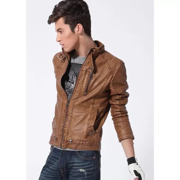 imagechouyatou Mens Vintage Stand Collar Pu Leather JacketBrown