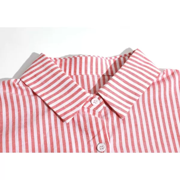 imagechouyatou Womens Casual Long Sleeve Button Down Loose Striped Cotton Maxi Shirt DressRed