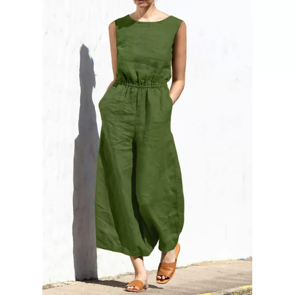 imagechouyatou Womens Elegant Sleeveless Linen Jumpsuits Casual Wide Leg Jumpsuit Pants RomperArmy Green
