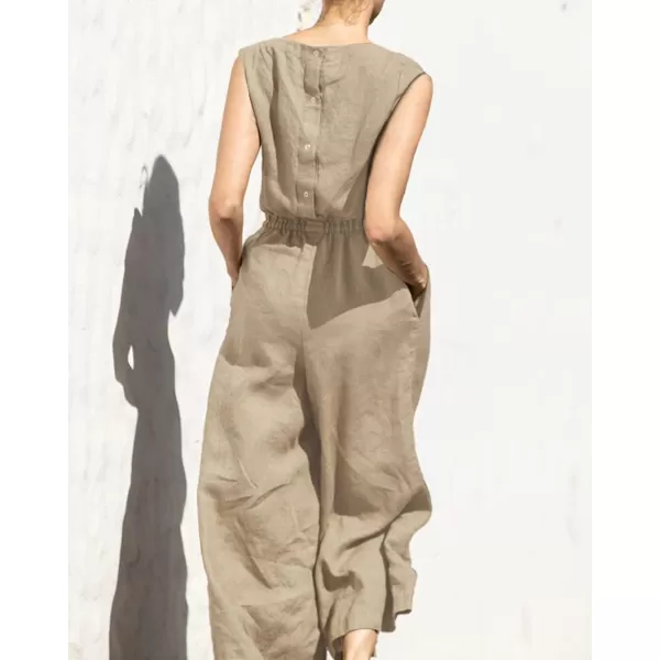 imagechouyatou Womens Elegant Sleeveless Linen Jumpsuits Casual Wide Leg Jumpsuit Pants RomperKhaki