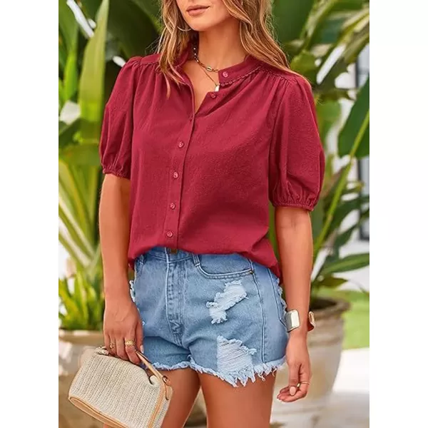 imagechouyatou Womens Summer Band Collar Linen Shirt Loose Casual Short Lantern Sleeve Tunic Tops BlousesDark Red