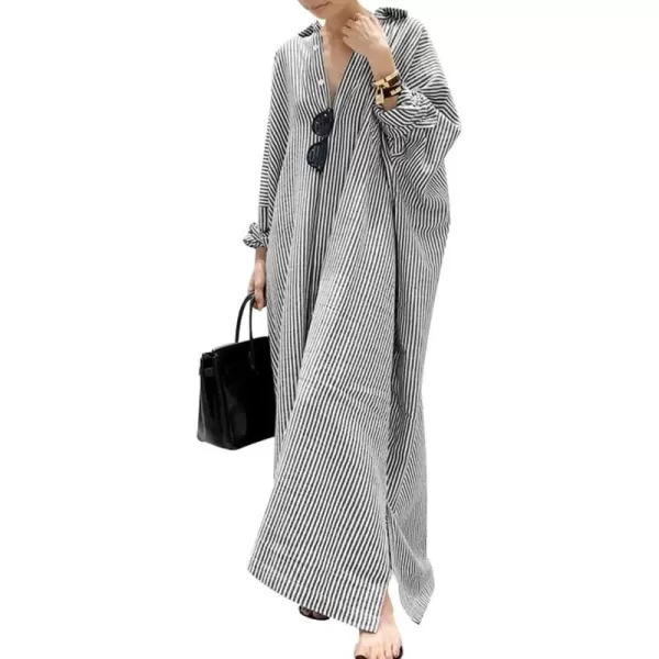 imagechouyatou Womens Casual Long Sleeve Button Down Loose Striped Cotton Maxi Shirt DressBlack