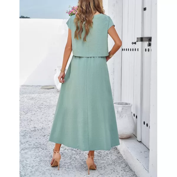 imagechouyatou Womens 2 Piece Outfits Cap Sleeve Crop Top and High Elastic Waist Pleated Swing Long Skirt SetGreen