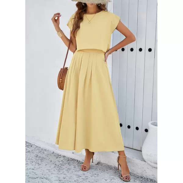 imagechouyatou Womens 2 Piece Outfits Cap Sleeve Crop Top and High Elastic Waist Pleated Swing Long Skirt SetLight Yellow