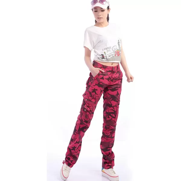 imagechouyatou Womens Casual Camouflage Multi Pockets Cargo PantsRed