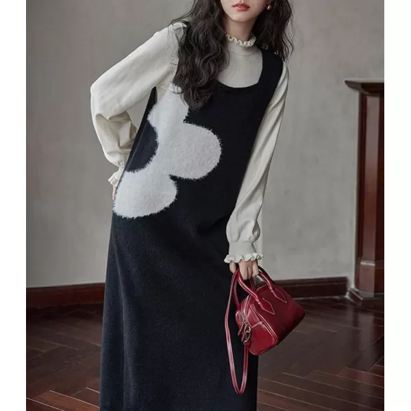 imagechouyatou Womens Flower Sweater Vest Dress Sweater Sleeveless Jumper Overall Long Dress Casual Pinafore DressBlack