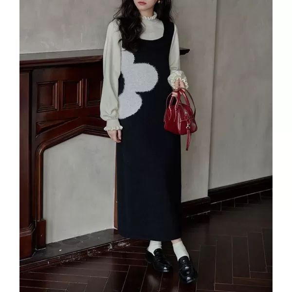 imagechouyatou Womens Flower Sweater Vest Dress Sweater Sleeveless Jumper Overall Long Dress Casual Pinafore DressBlack