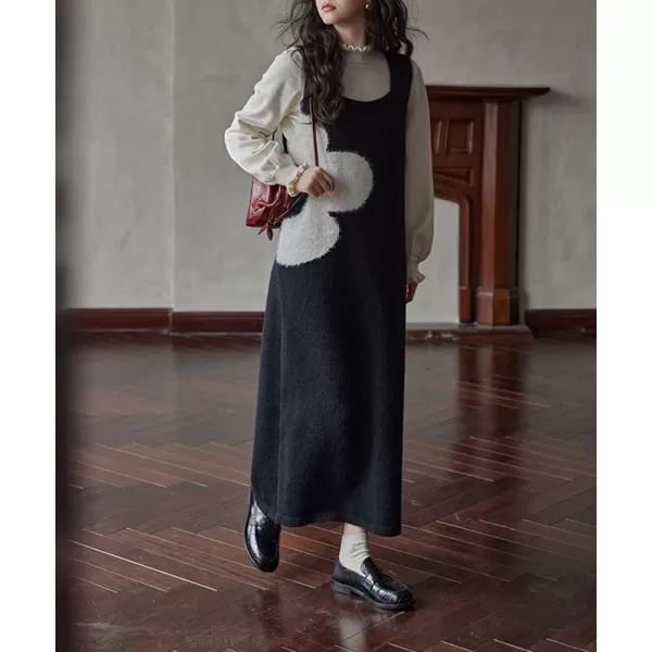 imagechouyatou Womens Flower Sweater Vest Dress Sweater Sleeveless Jumper Overall Long Dress Casual Pinafore DressBlack