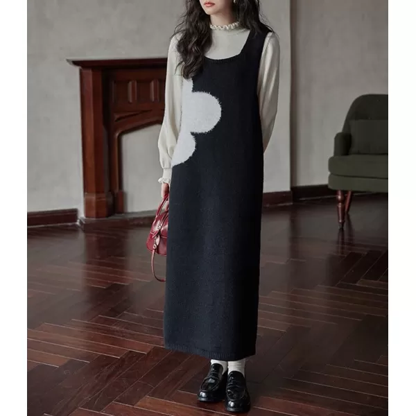 imagechouyatou Womens Flower Sweater Vest Dress Sweater Sleeveless Jumper Overall Long Dress Casual Pinafore DressBlack
