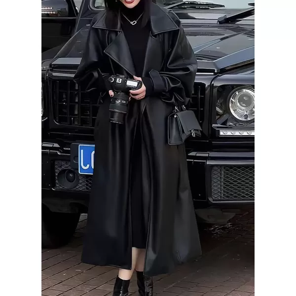 imagechouyatou Womens Winter Oversized Open Front Trench Coat Motorcycle Faux Leather Jacket CoatBlack