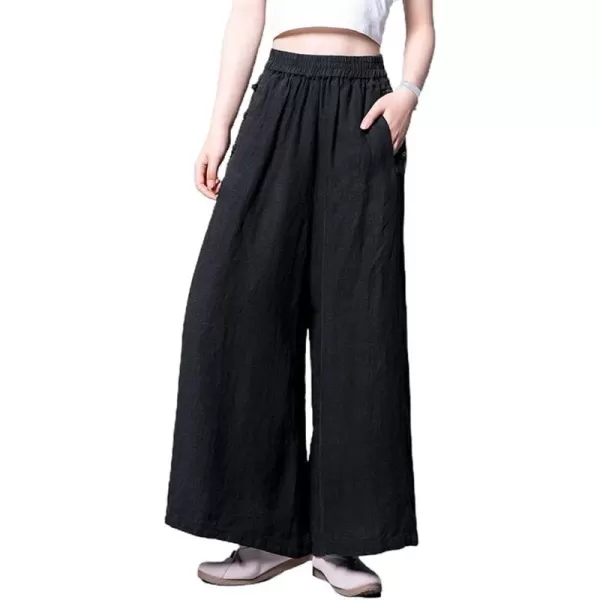 imagechouyatou Womens Baggy Elastic Waist Chinese Frog Button Wide Leg Linen PantsBlack