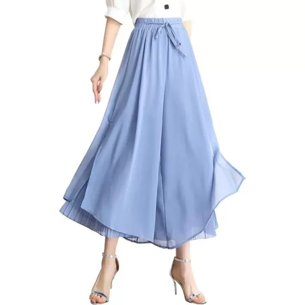 imagechouyatou Womens Chiffon Wide Leg Pants High Waist Pleated Culotte Palazzo Pants Side SlitBlue