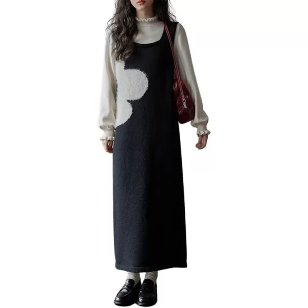 imagechouyatou Womens Flower Sweater Vest Dress Sweater Sleeveless Jumper Overall Long Dress Casual Pinafore DressBlack