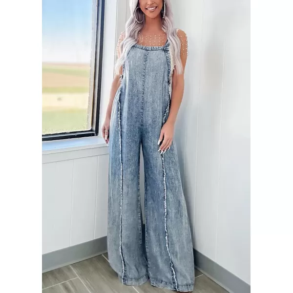 imagechouyatou Womens Casual Adjustable Strap Denim Jumpsuit Distressed Elastic Waist Overalls Jeans PantsAcidwash Blue